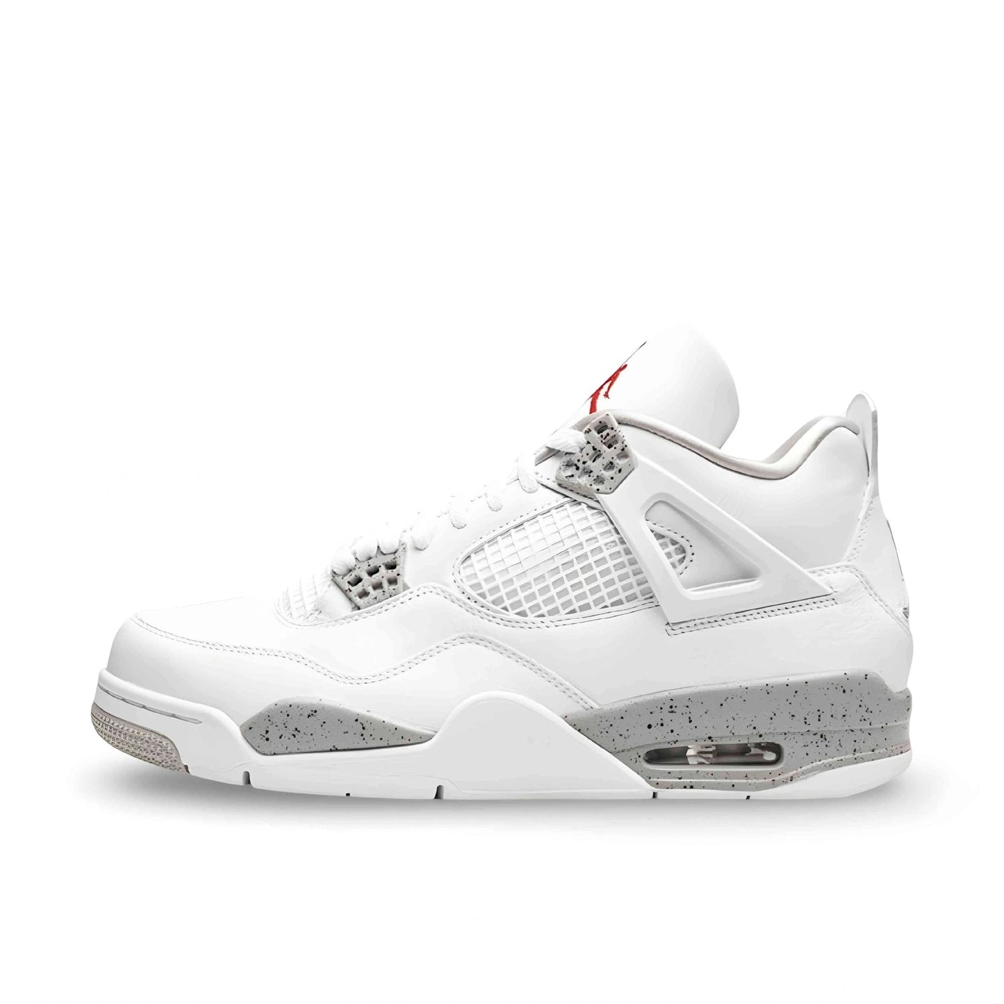 Air Jordan 4 Retro white and grey sneaker with speckled cement print and red Jumpman logo on the tongue.