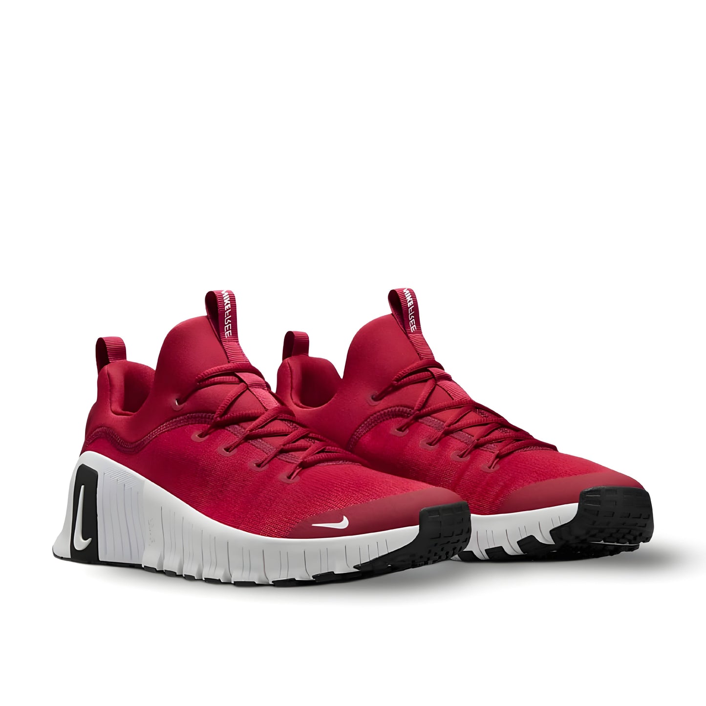 Nike Free Metcon 6 shoes in red and white.