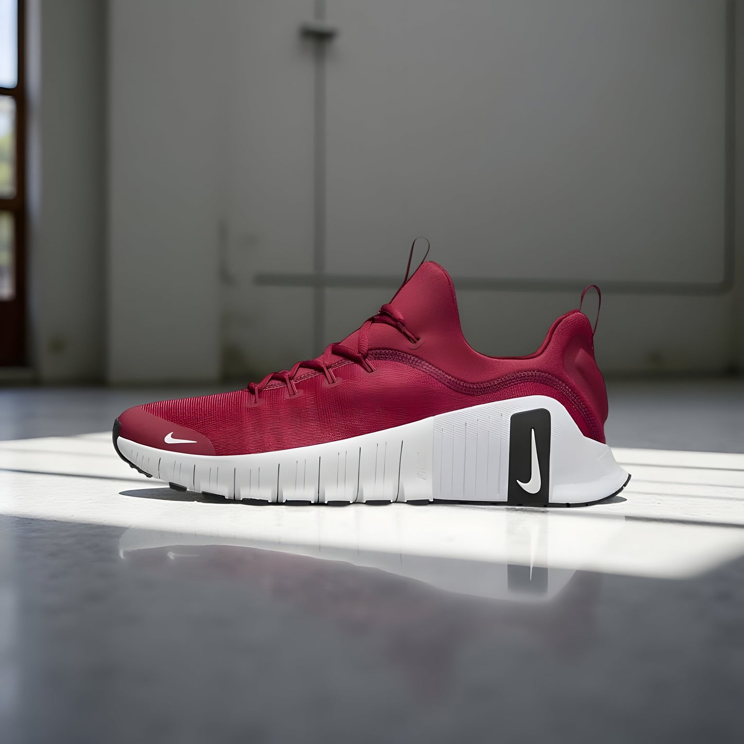 Nike Free Metcon 6 shoes in red and white.