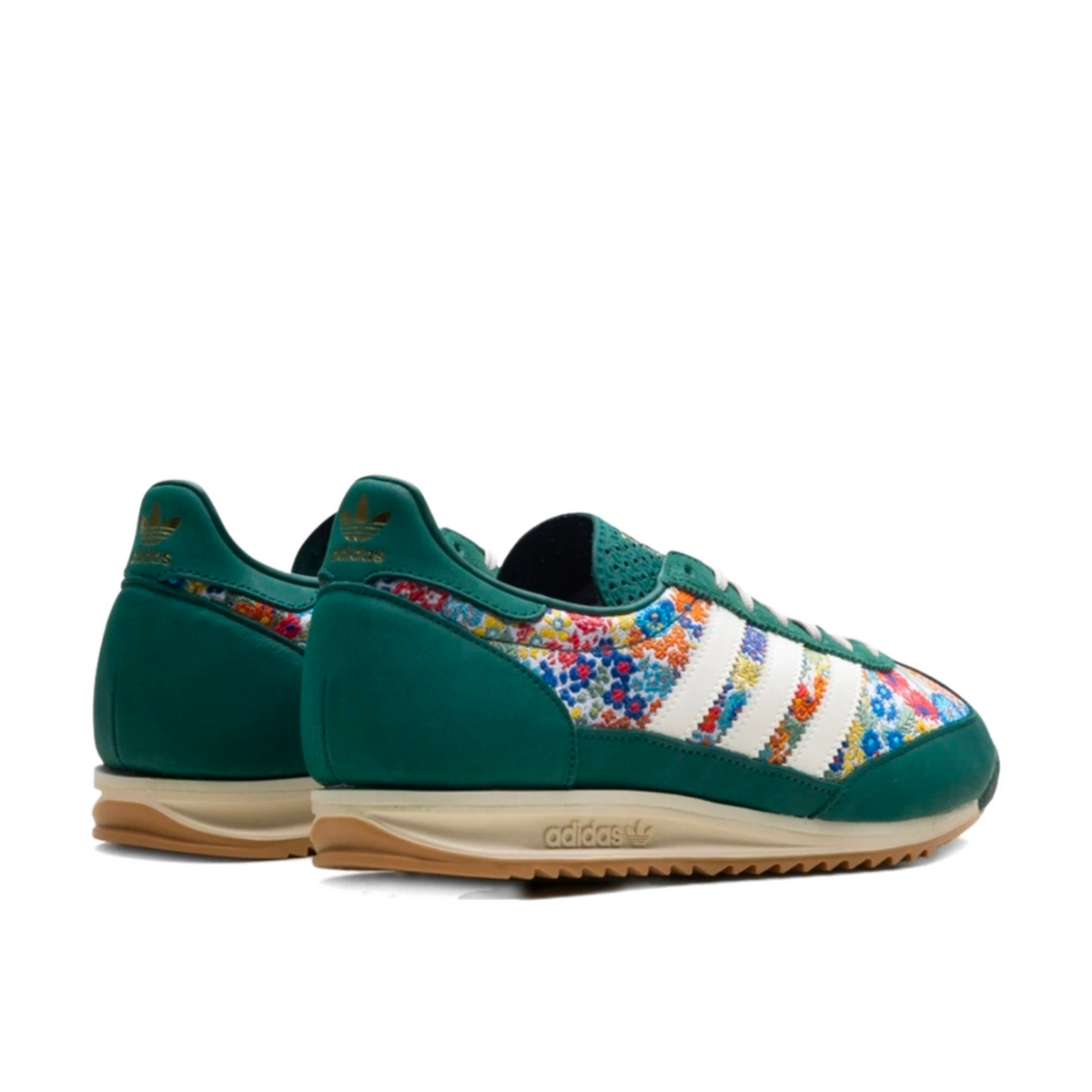 Rear three-quarter view of the Liberty London SL 72 OG sneakers, showing green heel panels, gold Trefoil branding and floral sides.