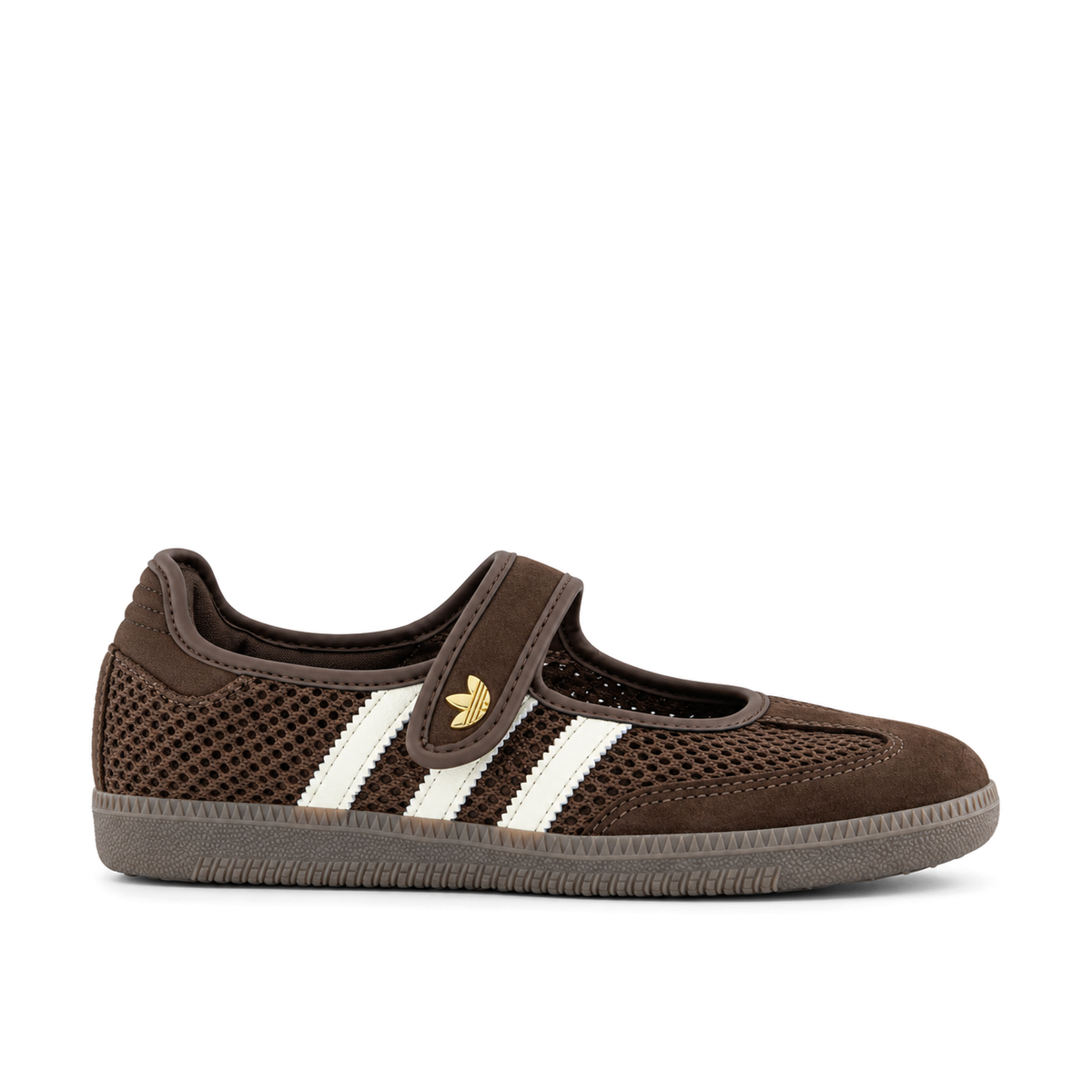 Right-facing side view of adidas Originals Samba Jane Brown Off White Gold with brown mesh, three off-white stripes and a gold Trefoil strap badge
