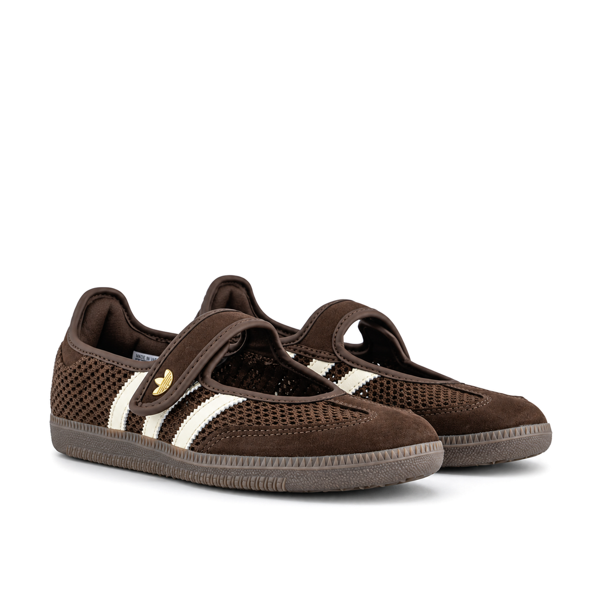 Right-facing front three-quarter pair of adidas Originals Samba Jane Brown Off White Gold with rounded brown straps and mesh toe panels