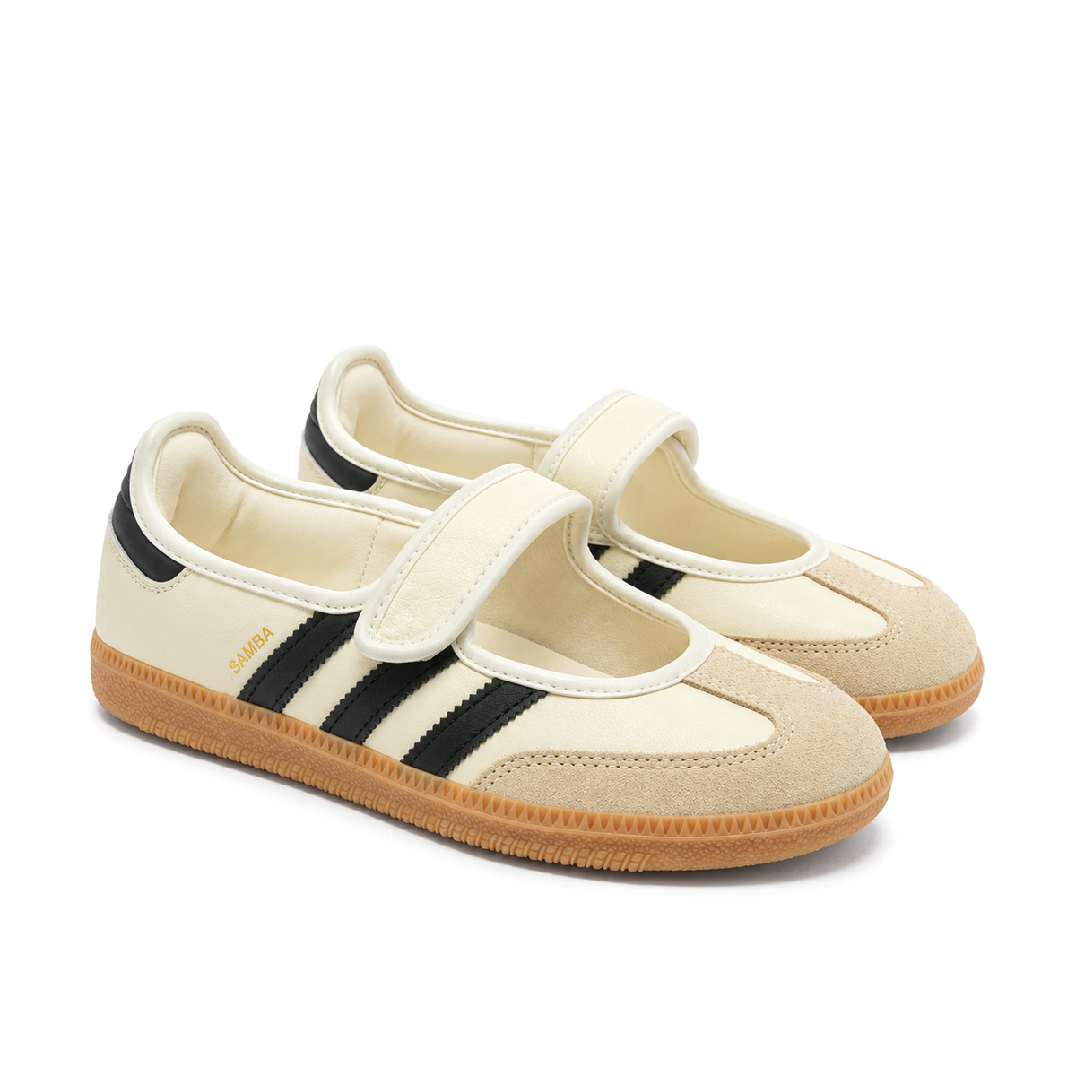 Right-facing front three-quarter pair of adidas Samba Jane Cream White showing plain cream straps and light beige toe overlays