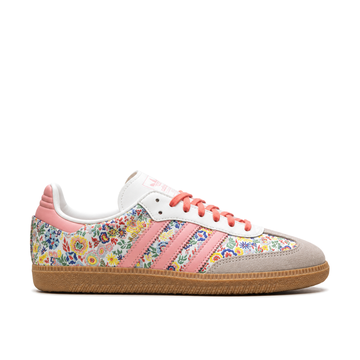 Right-facing side view of adidas Samba OG Liberty London Floral Embroidery with multicolour flowers, pink Three Stripes and a brown gum sole