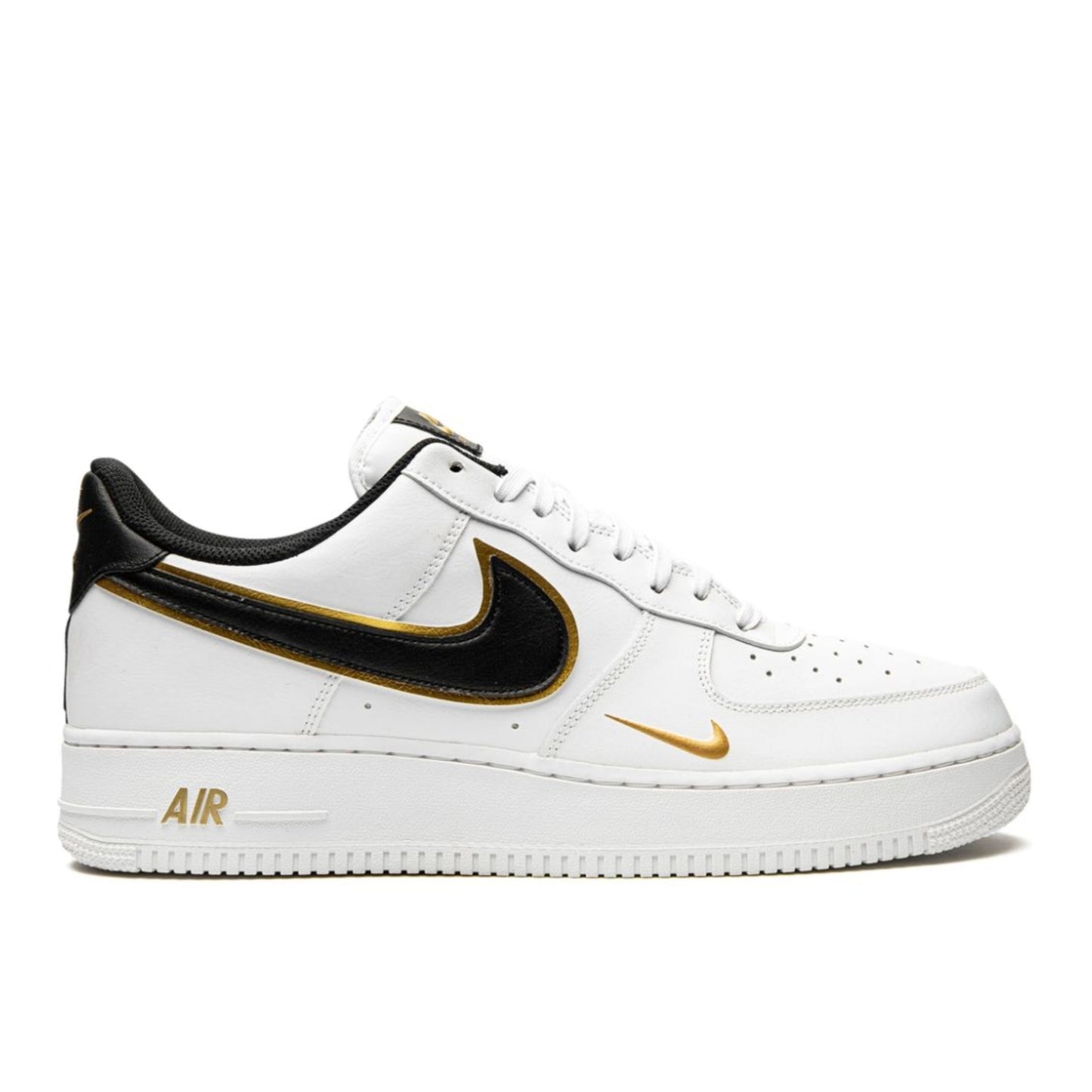 Nike Air Force 1 '07 LV8 "Double Swoosh" in White/Black/Gold.