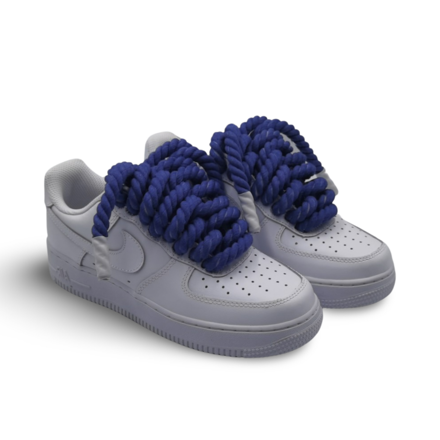Custom blue rope laces for Air Force 1 shoes.