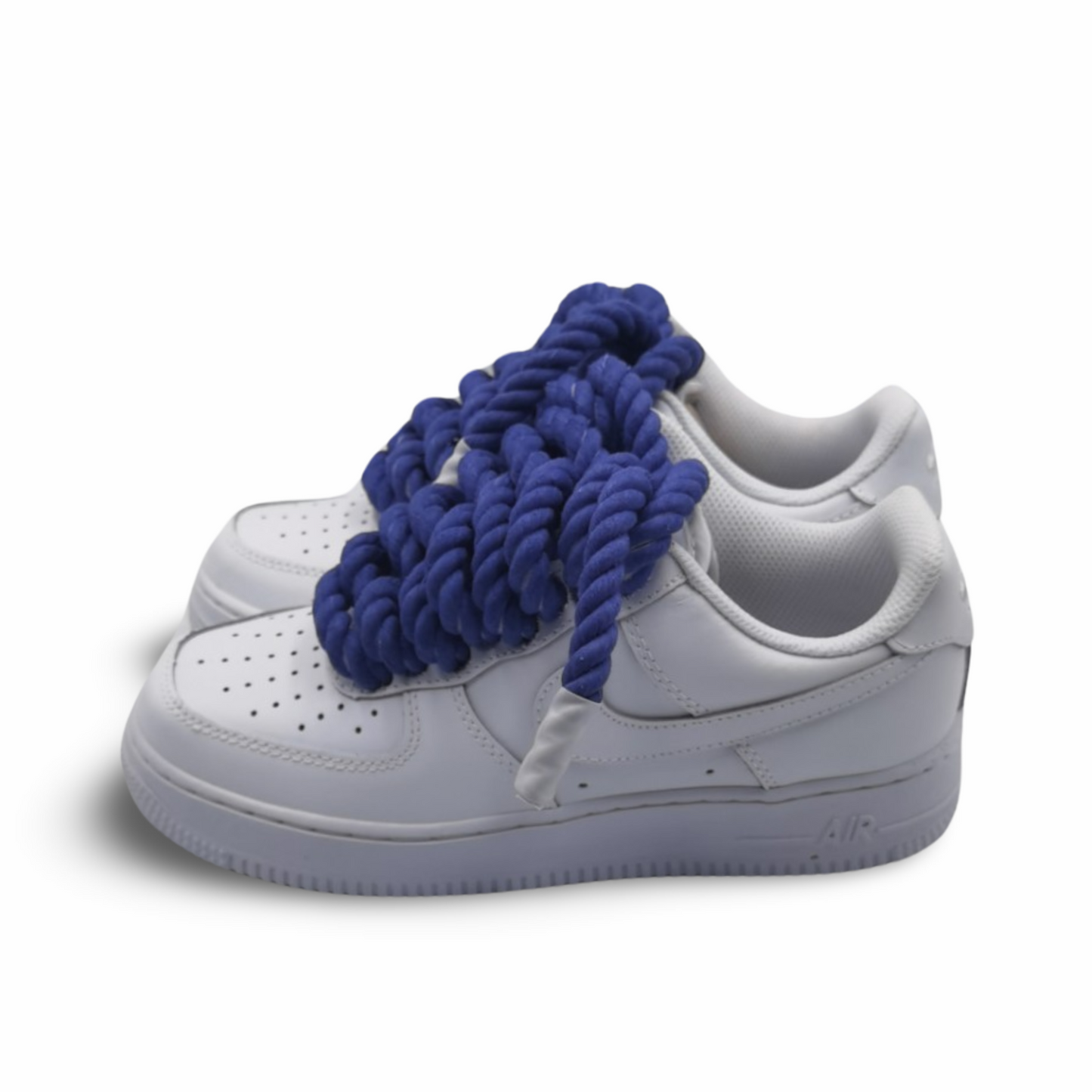 Custom blue rope laces for Air Force 1 shoes.