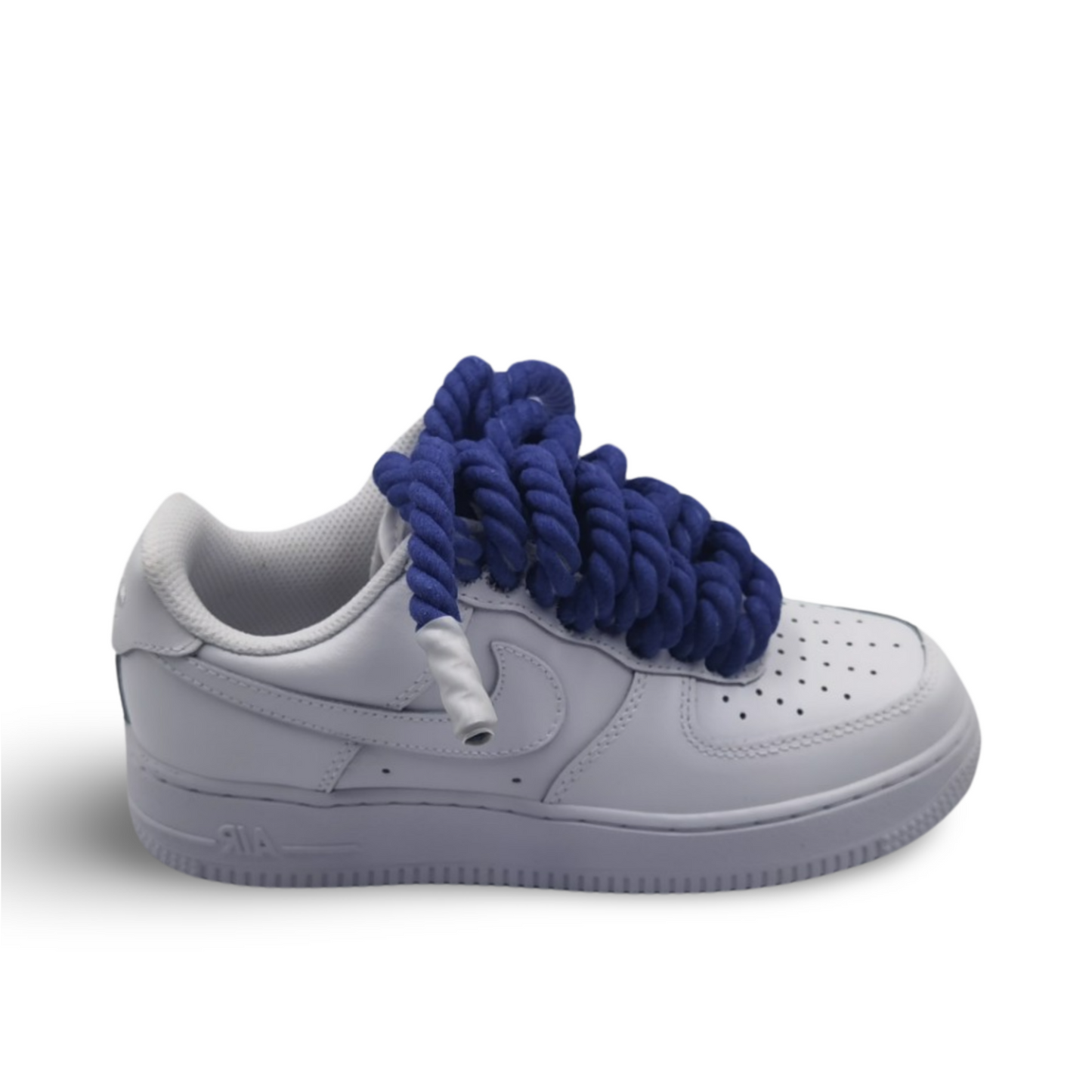 Custom blue rope laces for Air Force 1 shoes.