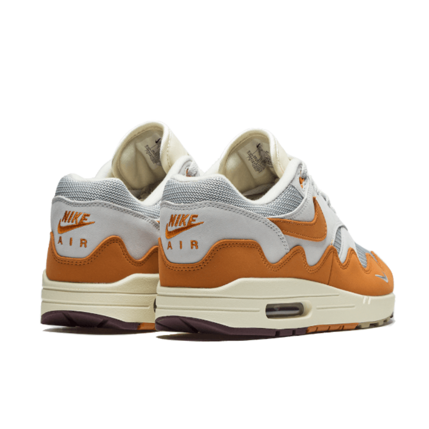 Nike Air Max 1 in Neutral Grey, Safety Orange, White, and Black.