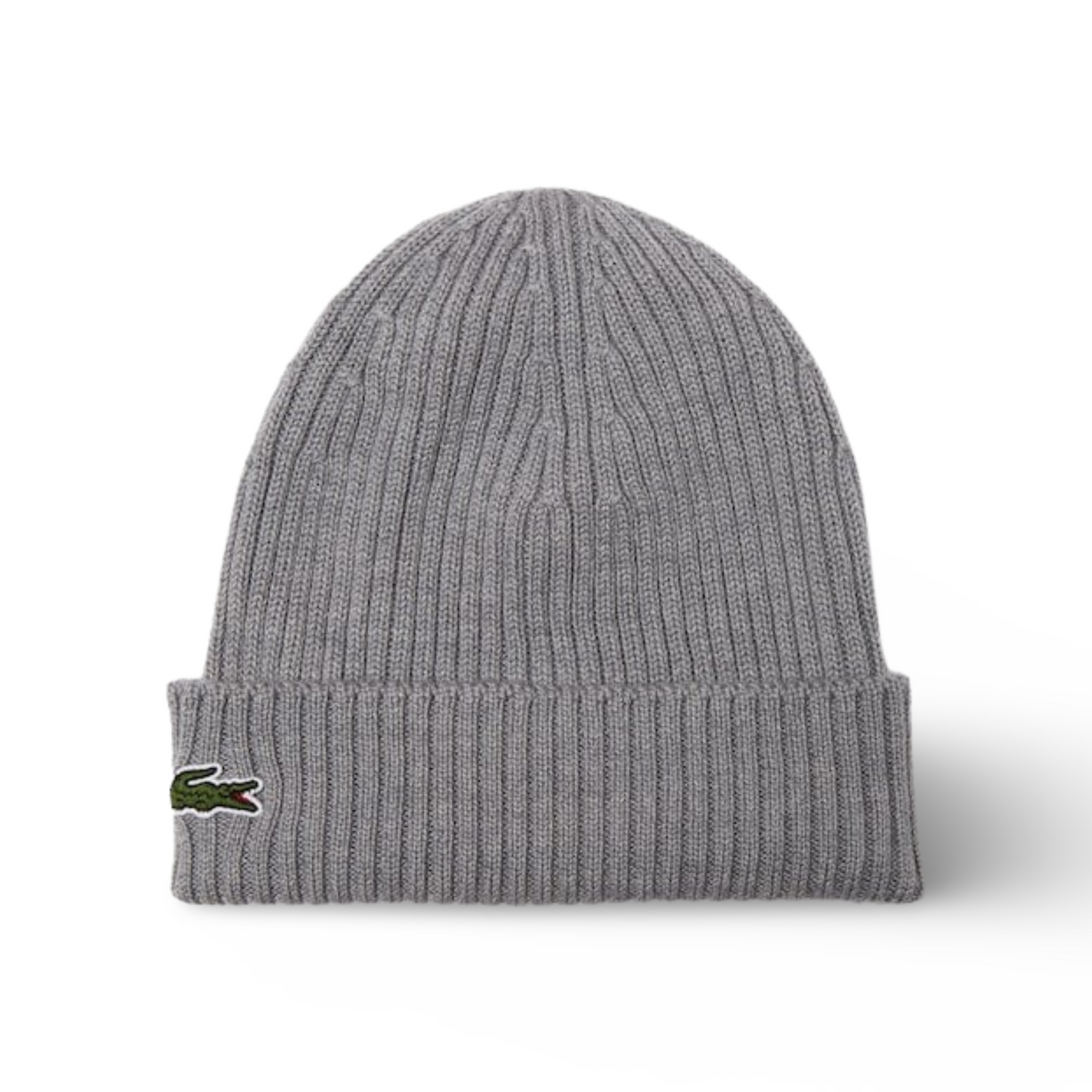 Lacoste Unisex Ribbed Wool Beanie, Grey Chine.