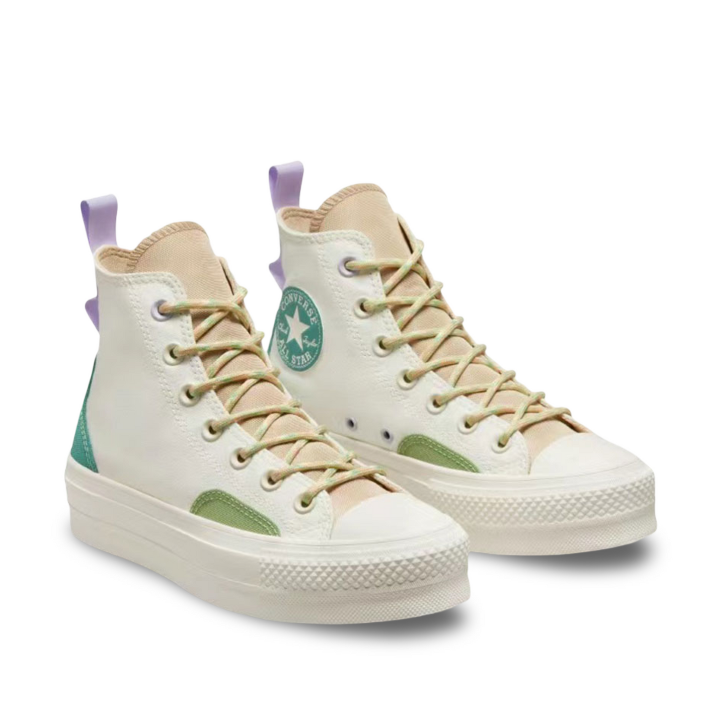 Converse All-Star Lift Platform High-Top Sneakers with Colorblock Overlay in Algae Coast.