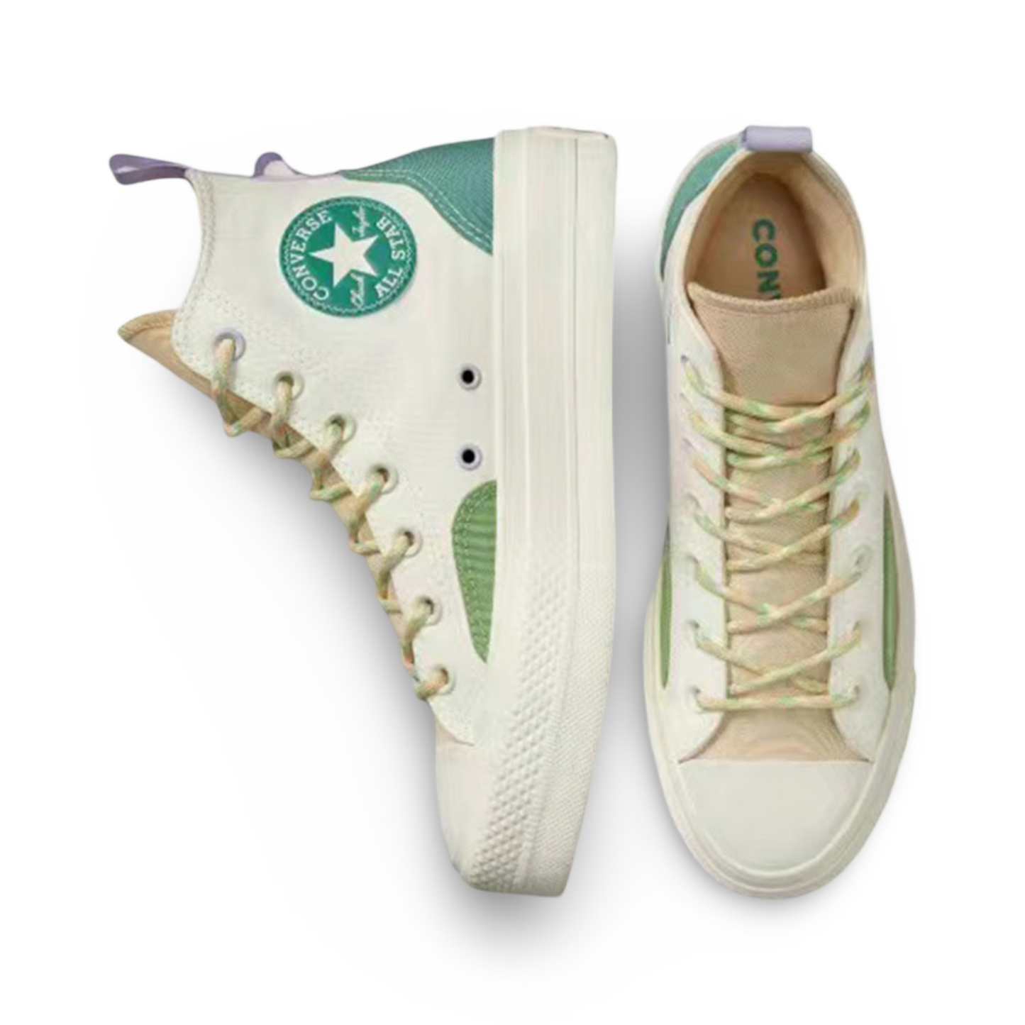 Converse All-Star Lift Platform High-Top Sneakers with Colorblock Overlay in Algae Coast.