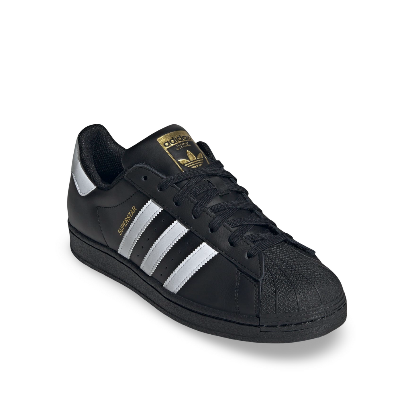Adidas Superstar shoes, black and white.