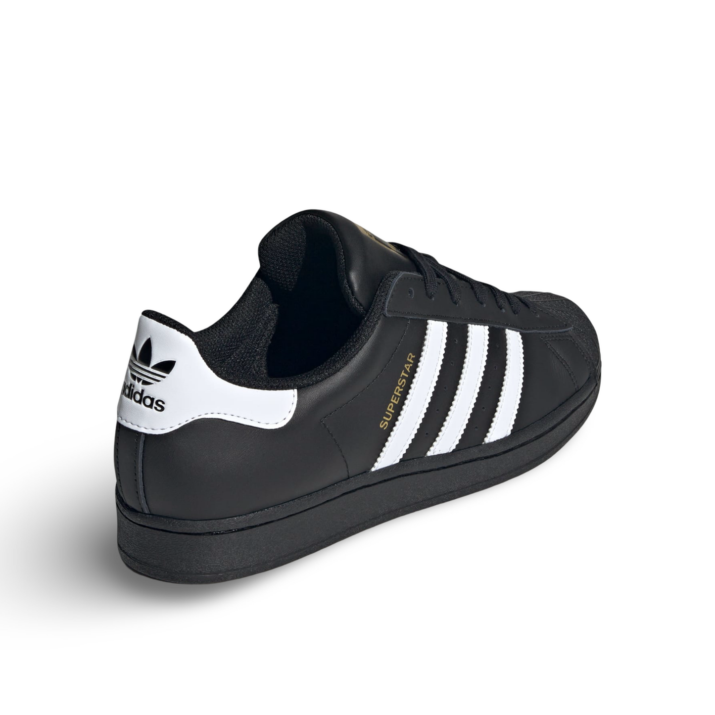 Adidas Superstar shoes, black and white.
