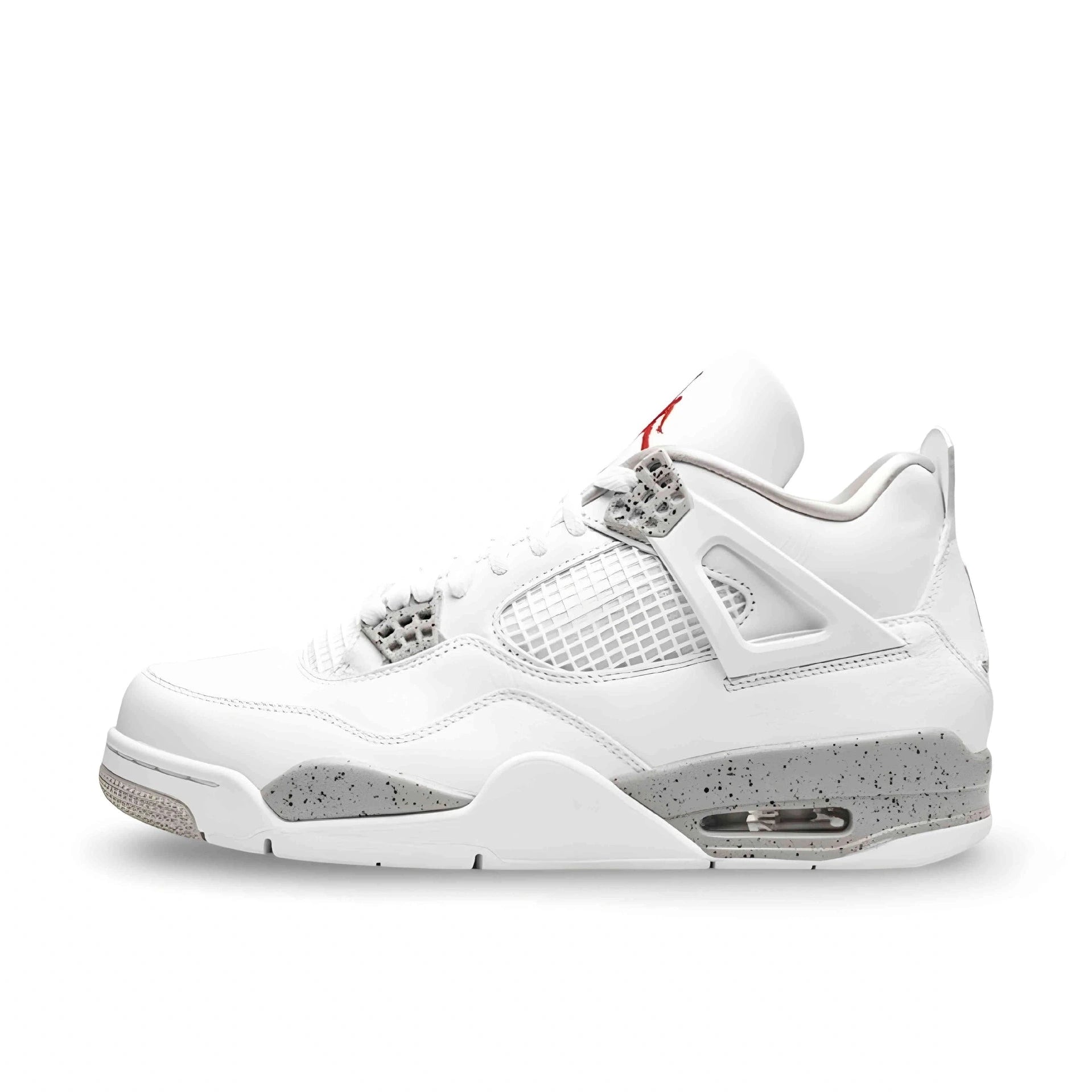 Air Jordan 4 Retro white and grey sneaker with speckled cement print and red Jumpman logo on the tongue.