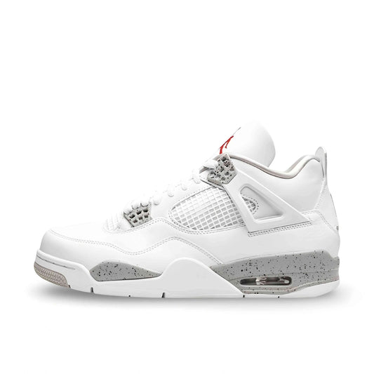 Air Jordan 4 Retro white and grey sneaker with speckled cement print and red Jumpman logo on the tongue.
