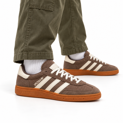 adidas Handball Spezial – Brown, Cream & Gum worn with olive straight-leg cargo trousers and white socks, both shoes facing right