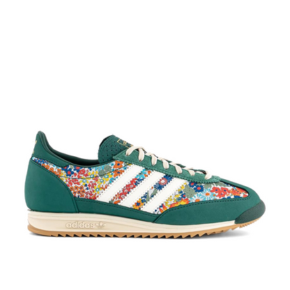 Side profile of the adidas Originals x Liberty London SL 72 OG in green, with floral panels, cream 3-Stripes and a gum sole.
