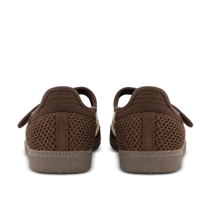 Straight rear pair of adidas Originals Samba Jane Brown Off White Gold showing brown ridged heel tabs, mesh panels and stitched rear seams