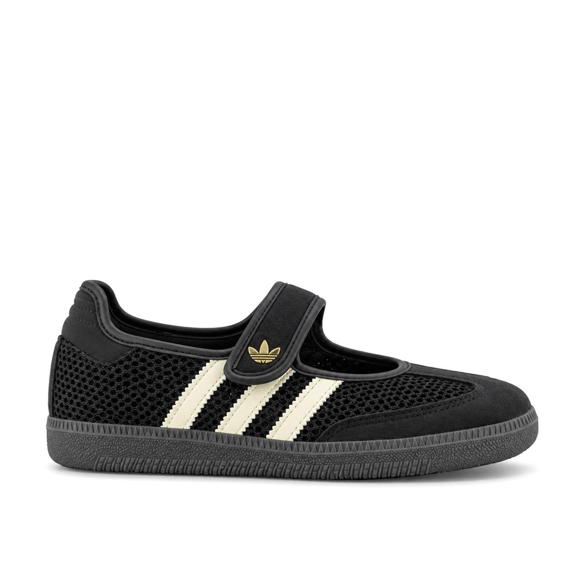 Right-facing side view of adidas Originals Samba Jane Core Black Off White Gold with black mesh, three off-white stripes and a gold Trefoil strap badge