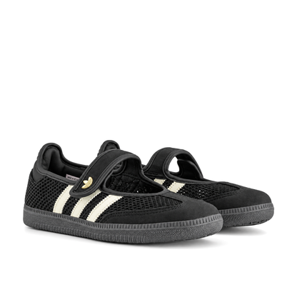 Right-facing front three-quarter pair of adidas Originals Samba Jane Core Black Off White Gold with rounded black straps and mesh toe panels