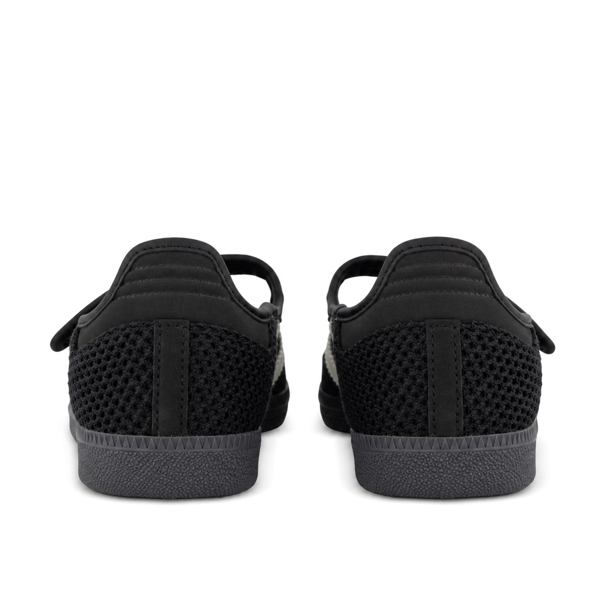 Straight rear pair of adidas Originals Samba Jane Core Black Off White Gold showing black ridged heel tabs, mesh panels and stitched rear seams