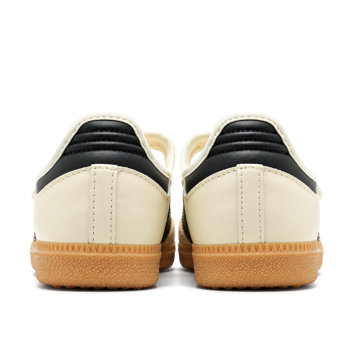 Straight rear pair of adidas Samba Jane Cream White showing black ridged collar panels, cream stitched rear seams and gum soles