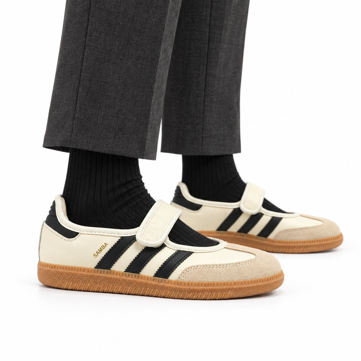 adidas Samba Jane Cream White worn with charcoal tailored trousers and black socks, both shoes facing right
