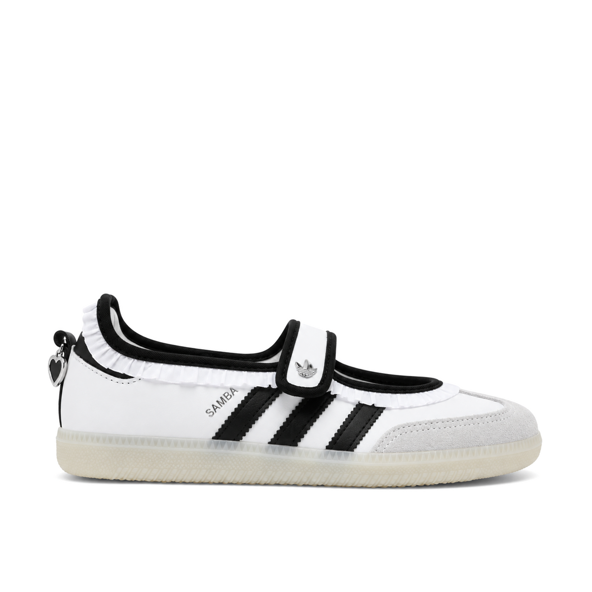 Right-facing side view of women’s adidas Samba Jane Ruffle in white and black, with white frills, silver Trefoil and a pale translucent sole.