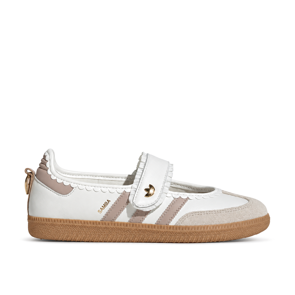 Right-facing side view of women’s adidas Samba Jane Ruffle in white and pink, showing the ruffled strap, gold Trefoil and gum sole.