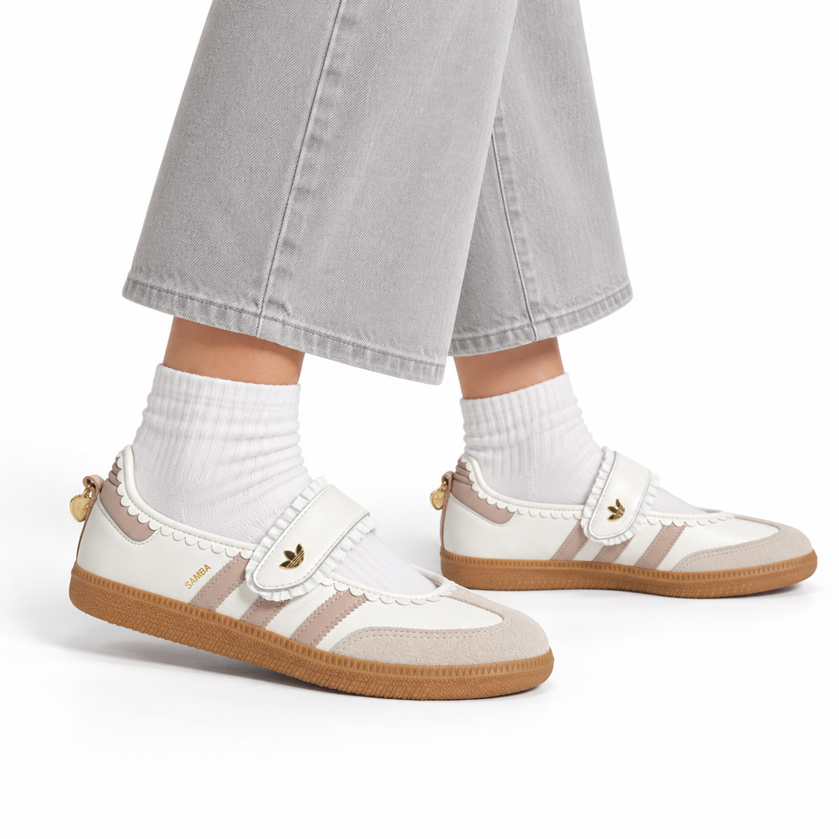 adidas Samba Jane Ruffle Pack – White, Pink & Gum (Women’s) worn with pale grey cropped wide-leg trousers and white socks, both shoes facing right