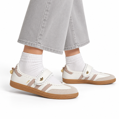 adidas Samba Jane Ruffle Pack – White, Pink & Gum (Women’s) worn with pale grey cropped wide-leg trousers and white socks, both shoes facing right
