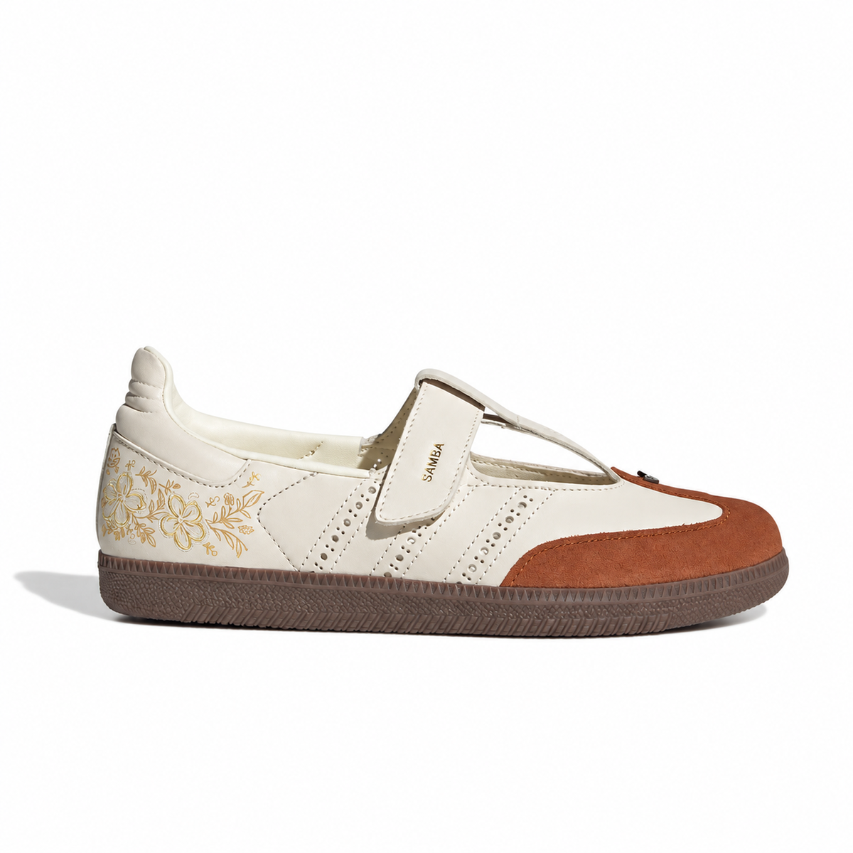 Side view of the off-white Adidas Samba Jane Summer Glow with brown toe trim and a floral heel