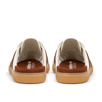 Straight rear view of off-white and brown adidas Samba Mules, showing the open heels and low brown rear lips.