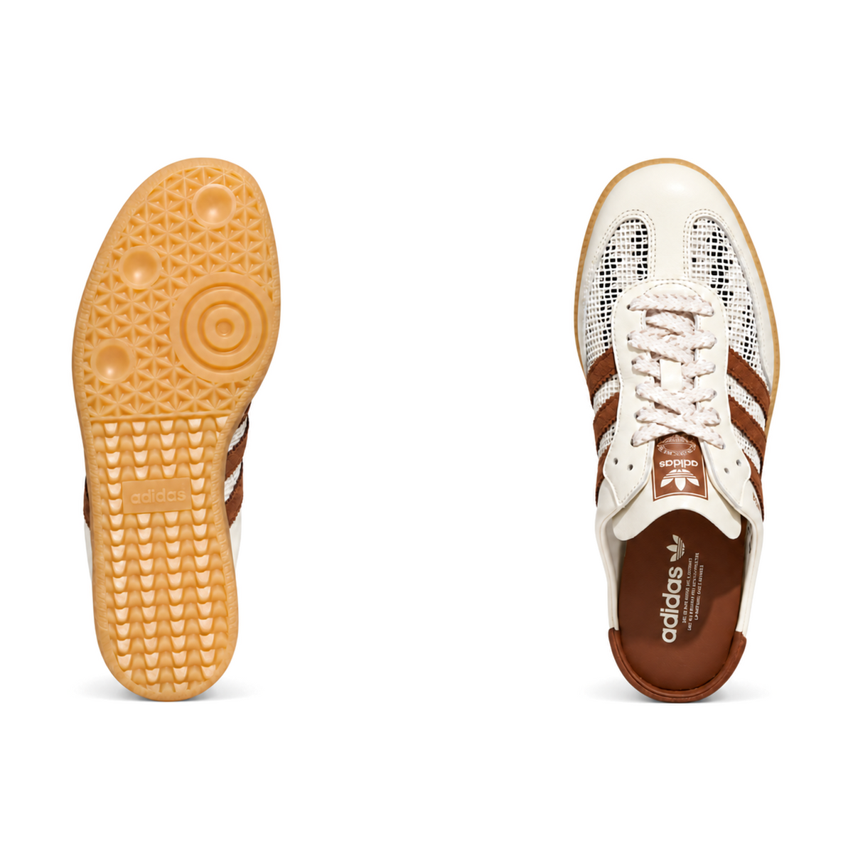 Paired outsole and top views of the Samba Mule, showing circular gum tread on the left and off-white mesh with brown stripes on the right.