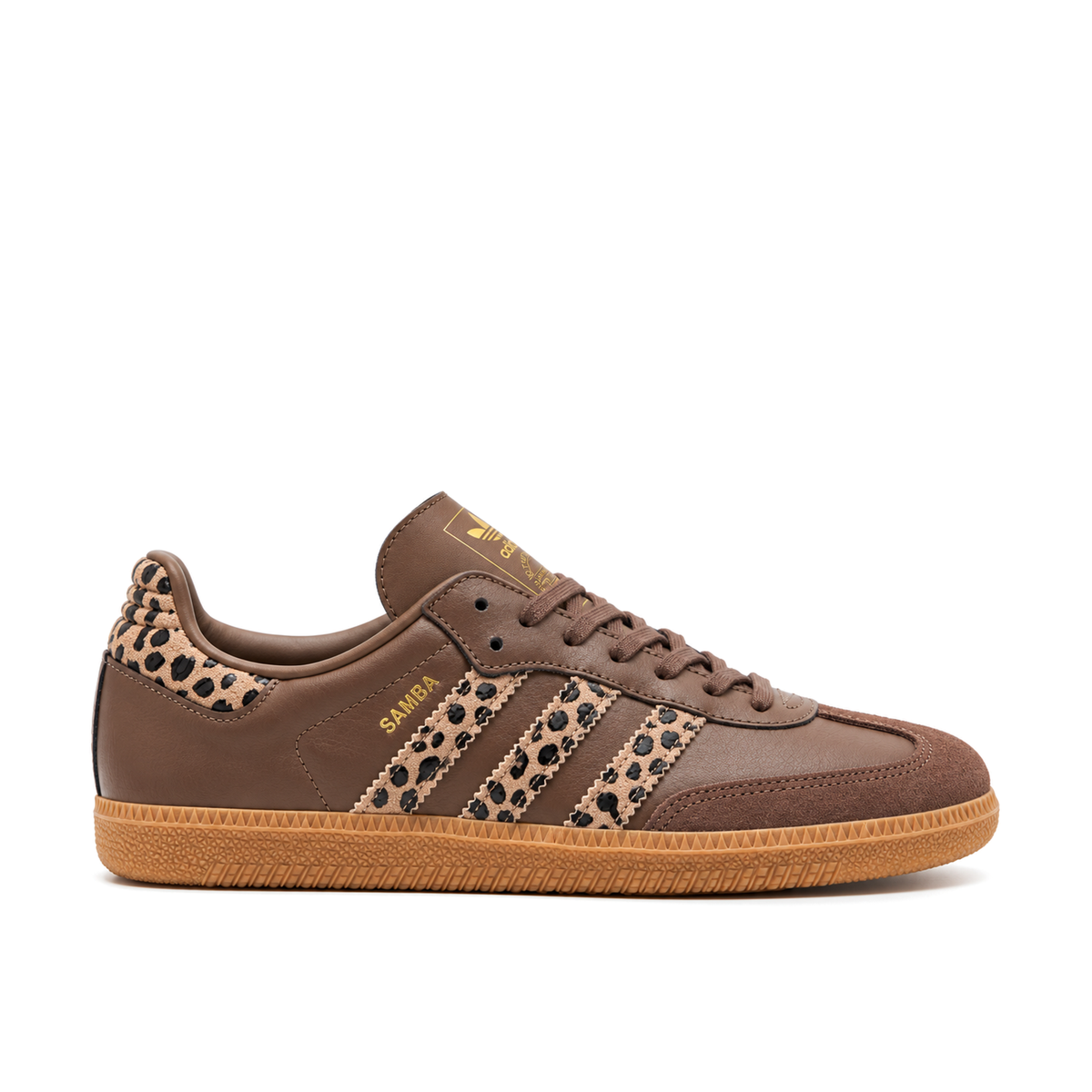 Right-facing side view of the brown adidas Samba OG, with tan-and-black leopard-print Three Stripes, gold Samba lettering and a gum sole.