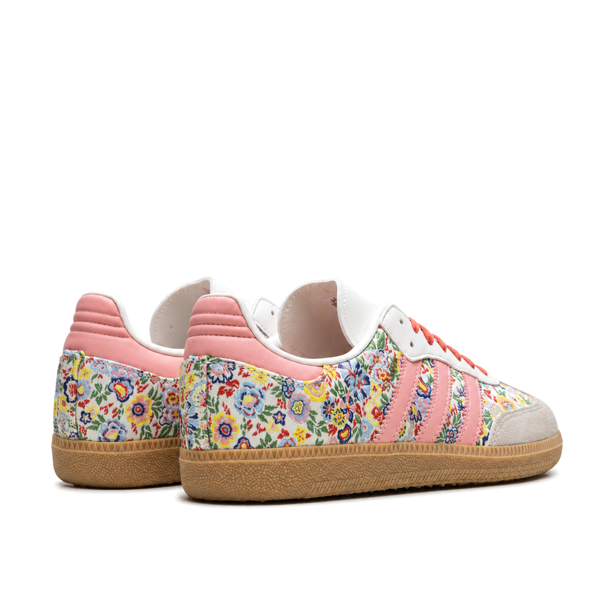 Rear three-quarter pair of adidas Samba OG Liberty London Floral Embroidery showing pink ridged heels and colourful floral panels