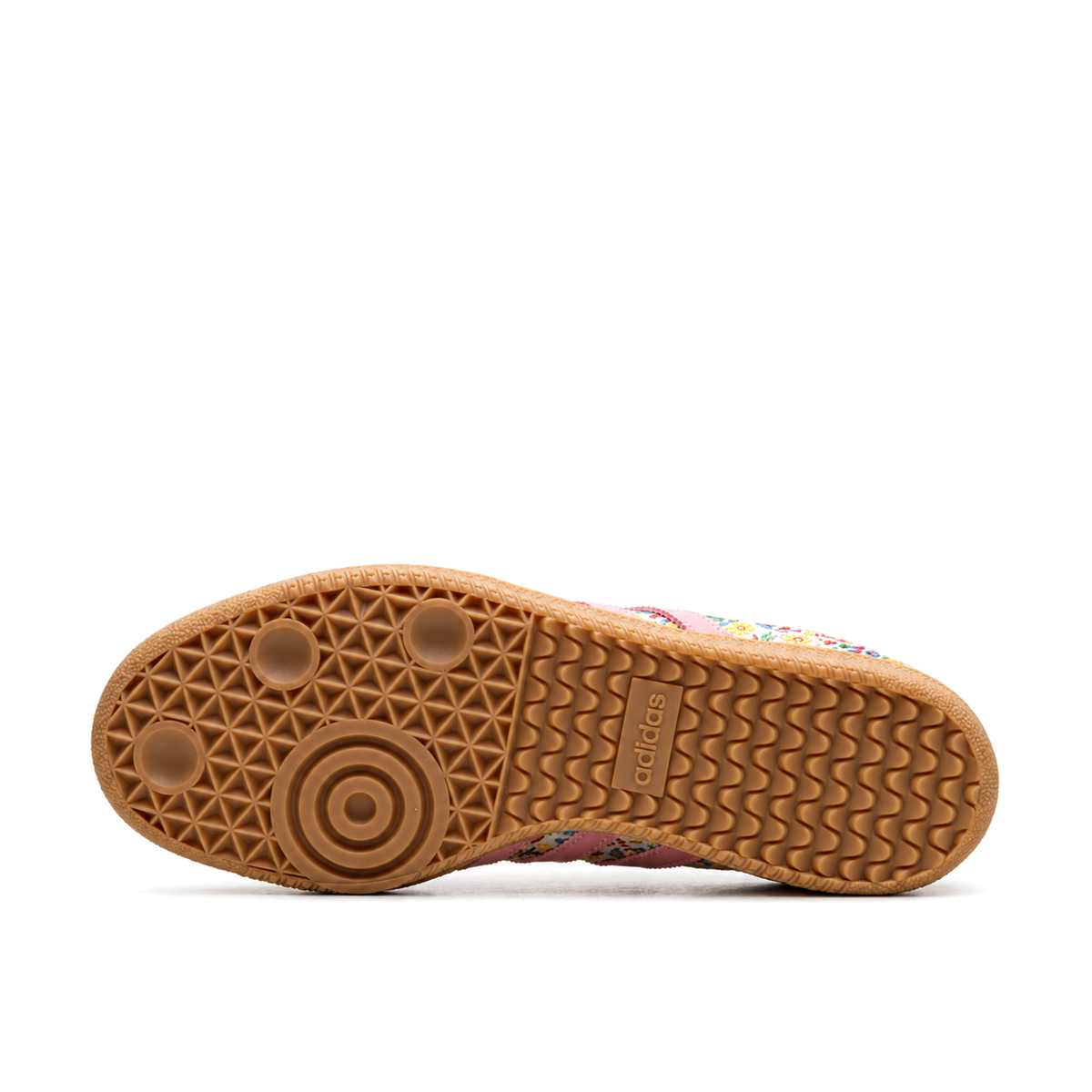 Horizontal brown gum outsole of adidas Samba OG Liberty London Floral Embroidery with circular forefoot tread on the left