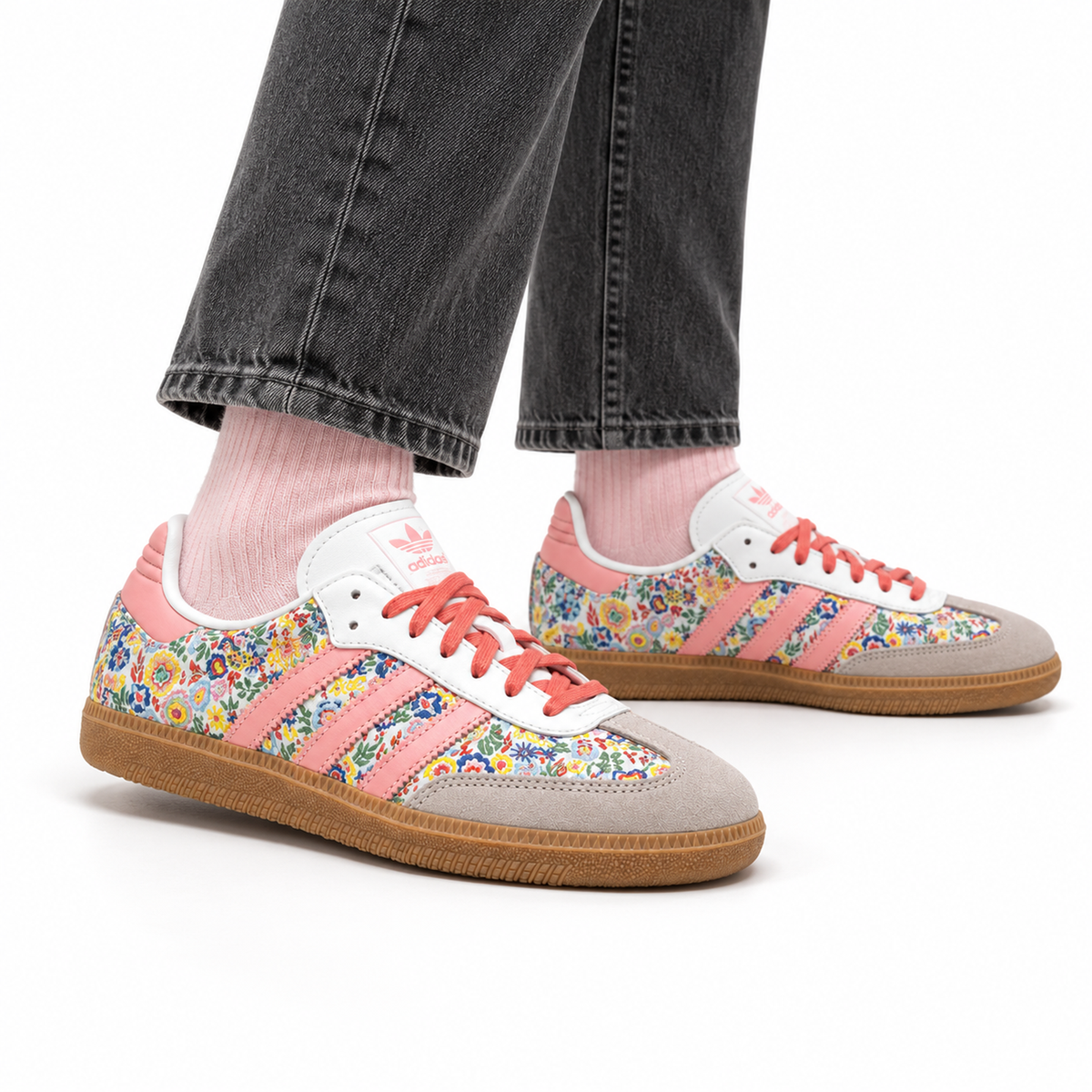 adidas Samba OG Liberty London Floral Embroidery worn with washed charcoal straight-leg trousers and pale pink socks, both shoes facing right
