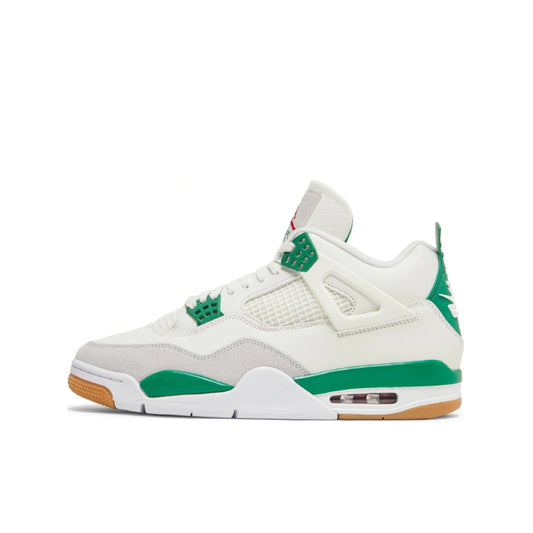 Air Jordan 4 Retro SB 'Pine Green' sneaker with white and green colorway, featuring leather and mesh panels, and a rubber outsole.