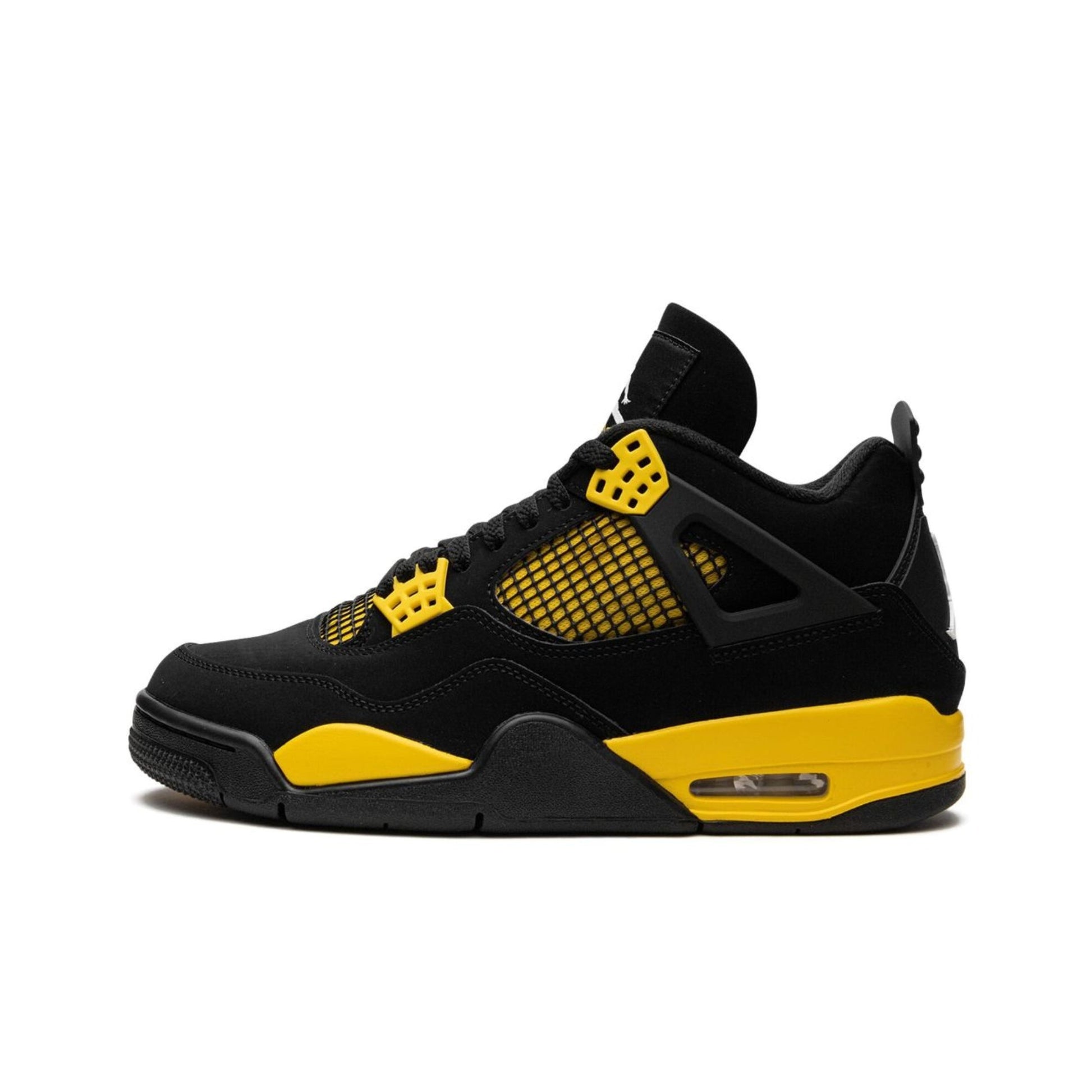 Nike Air Jordan 4 Retro 'Thunder' sneaker with black nubuck upper and yellow detailing on the eyelets and quarter panel.