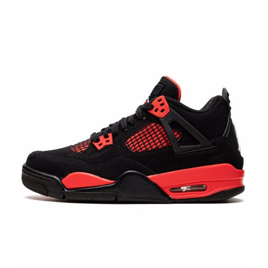 Air Jordan 4 Retro 'Red Thunder' sneaker with black nubuck upper and crimson red accents on eyelets, tongue, and midsole.