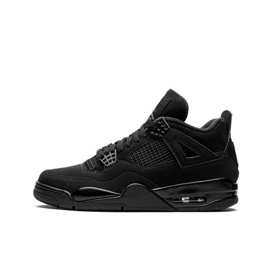 Air Jordan Retro 4 'Black Cat' sneaker with a matte black nubuck upper, black mid-panel, and black tongue with grey logos.