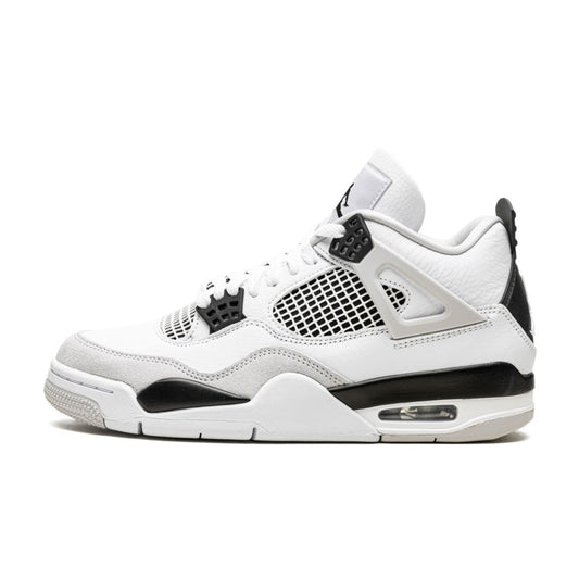 Air Jordan 4 Retro 'Military Black' shoe with white leather base, grey suede overlays, black TPU eyelets, and Jumpman branding on the heel.
