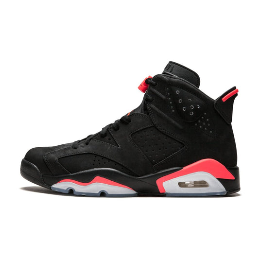 Air Jordan Retro 6 sneaker with black nubuck upper, infrared red accents, and a translucent outsole.