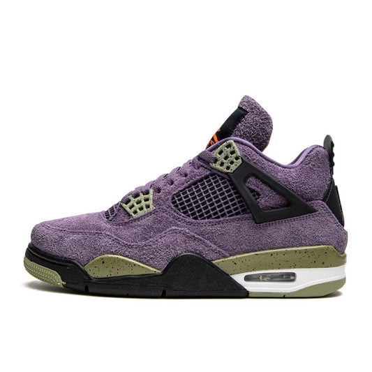 Air Jordan 4 Retro Canyon Purple shoe with vibrant purple shaggy suede upper, lime green accents, and black and white details.