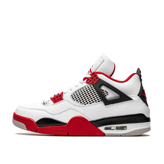 Air Jordan 4 Retro 'Fire Red' sneaker with a white base color, red eyelets, black accents, and a gray sole.