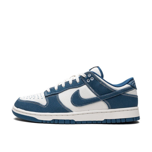 Nike Dunk Low 'Sashiko - Industrial Blue' featuring a Summit White textile base with Industrial Blue overlays and white Swoosh branding.