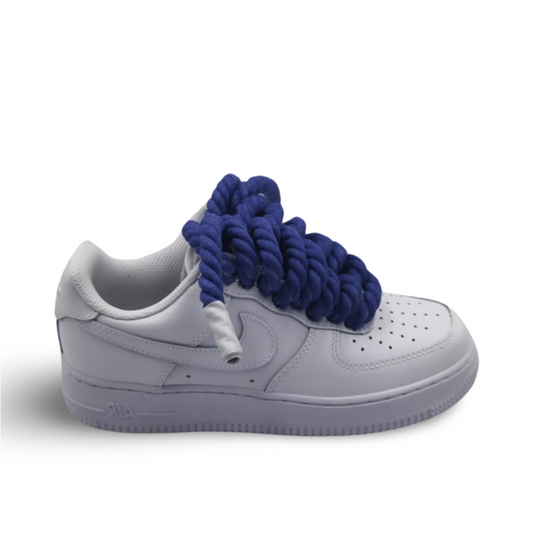 Custom blue rope laces for Air Force 1 shoes.