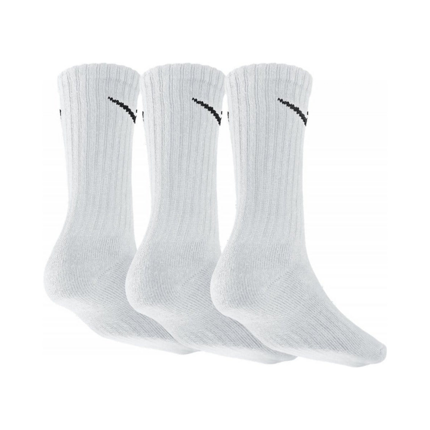 Three pairs of Nike cushioned crew socks in white.